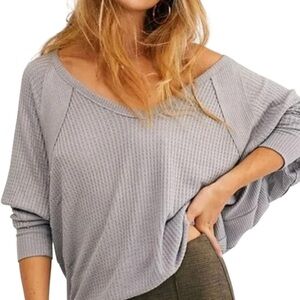 Free People Santa Clara Grey Waffle Thermal Oversized Long Sleeve Sweater Top XS